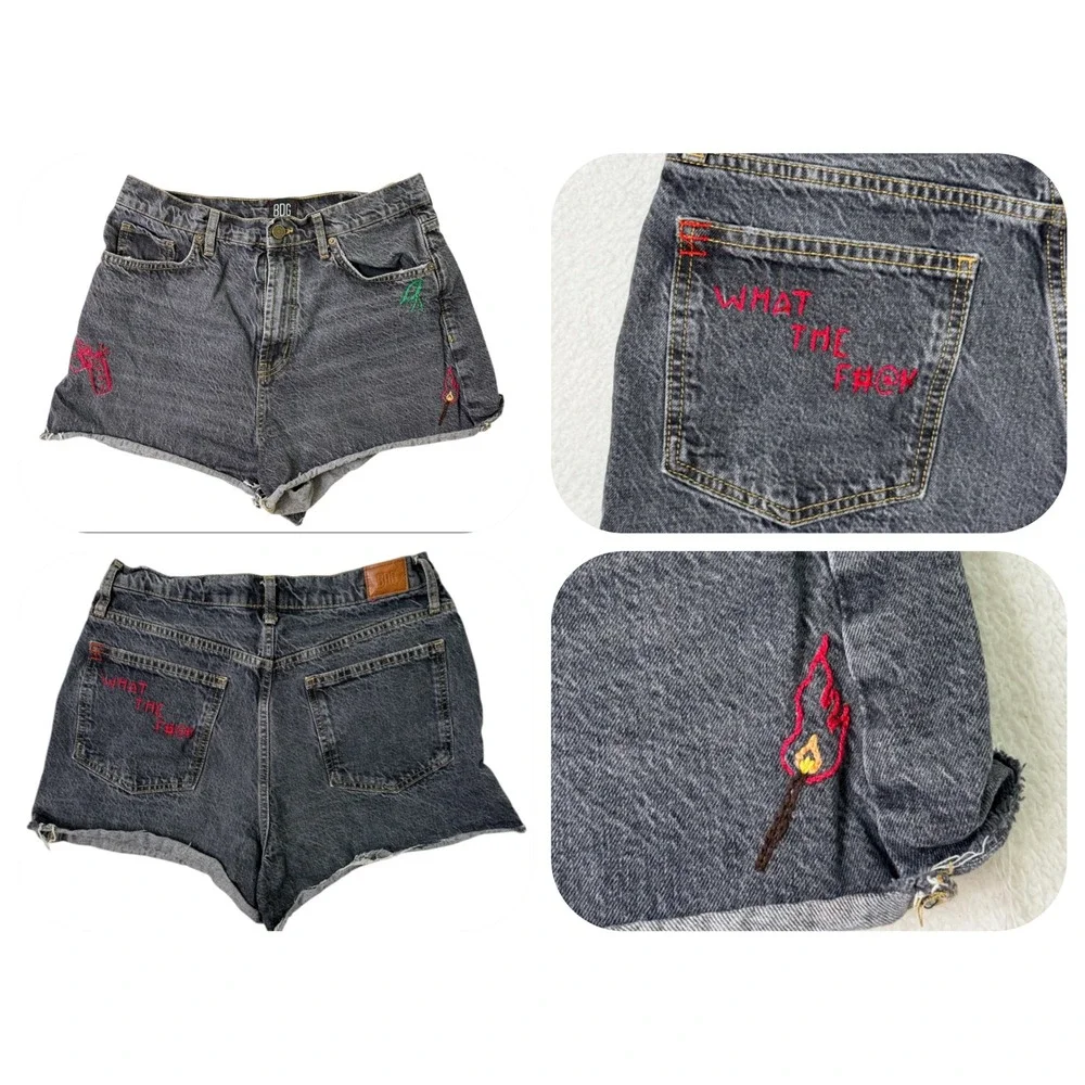 BDG Urban Outfitters Embroidered Denim Shorts Washed Black Gray 30 High Rise
